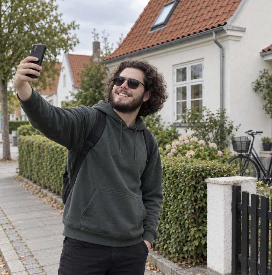 Mads-Bendt tager en selfie på en villavej med røde tegltage bag sig.