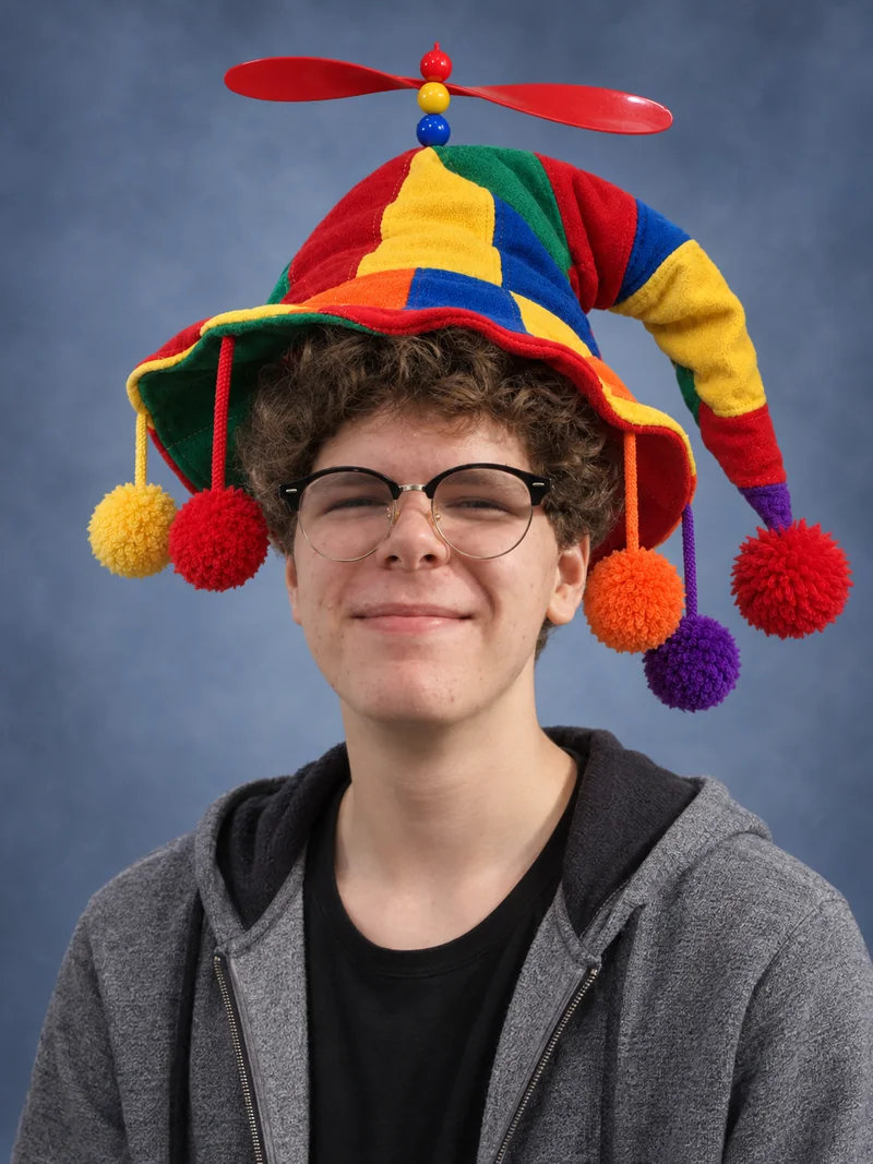Skolefoto af Mads-Bendt som teenager. Han bærer den farverige harlekinhat med propel og pomponer og kigger lige i kameraet.